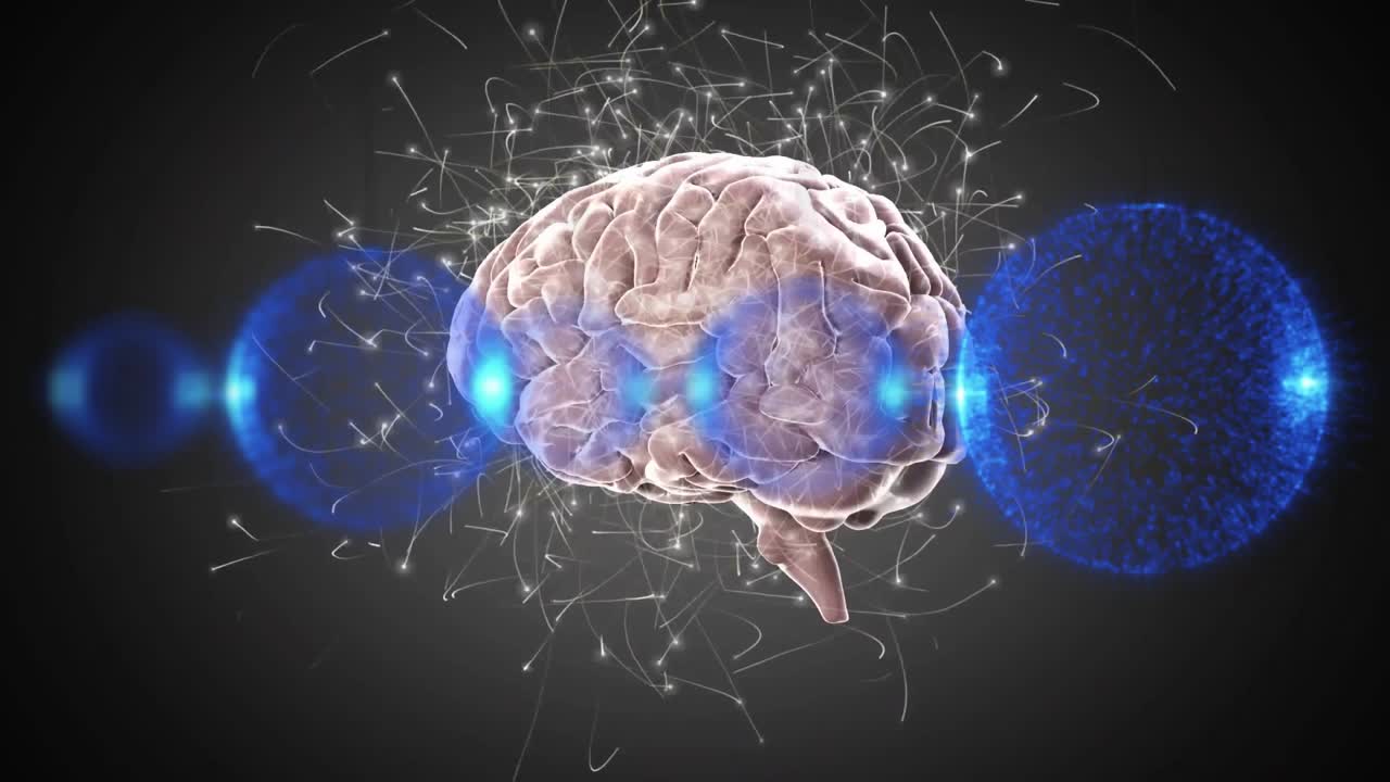Bright blue left light pulse starting brain appearing rotating spheres sparking building neural net