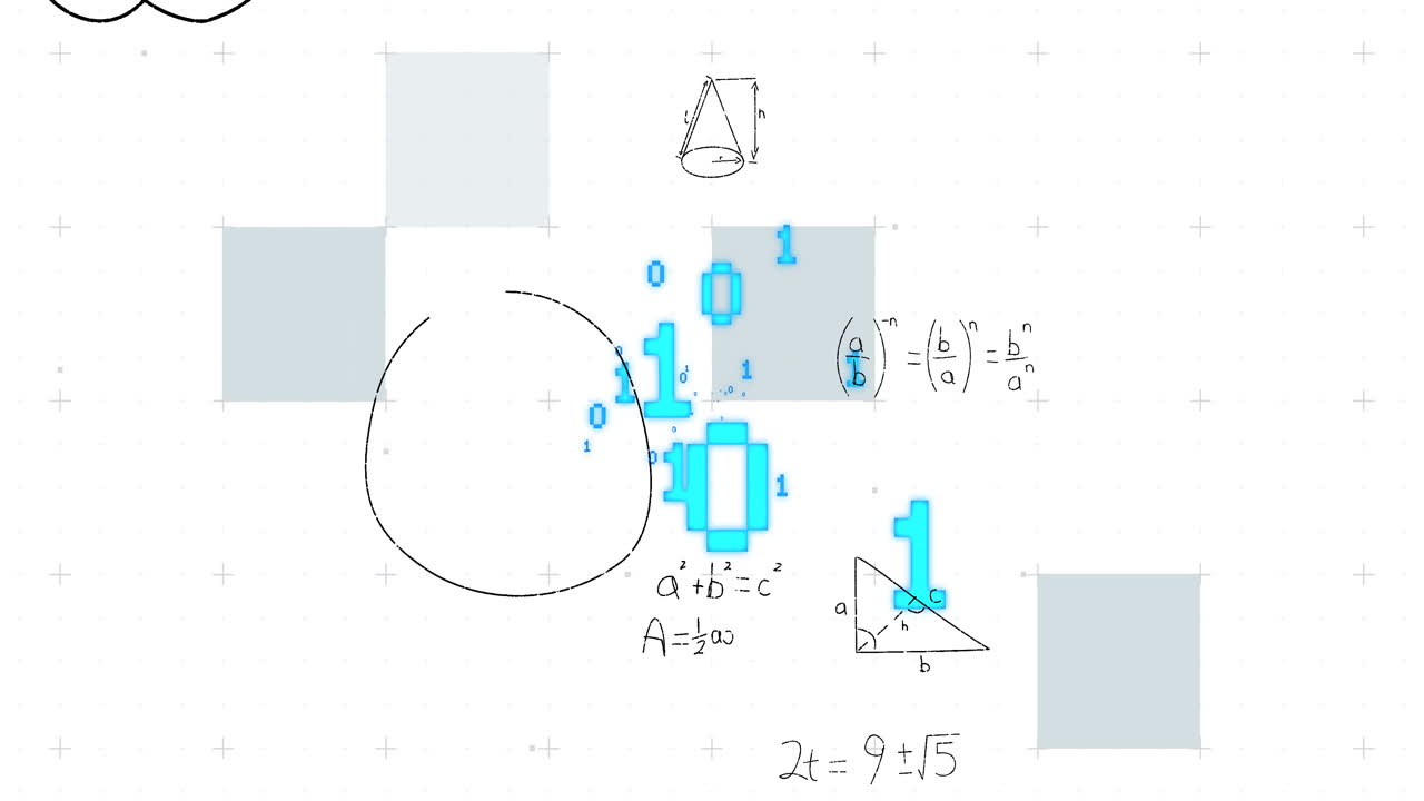 Mathematical equations and shapes with binary code animation over grid background