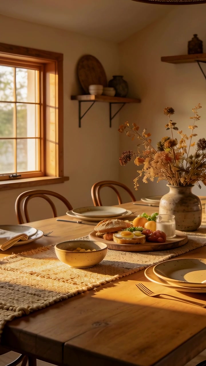 Vertical video: Panning camera following sunlight, revealing dining nook at home, showing platter