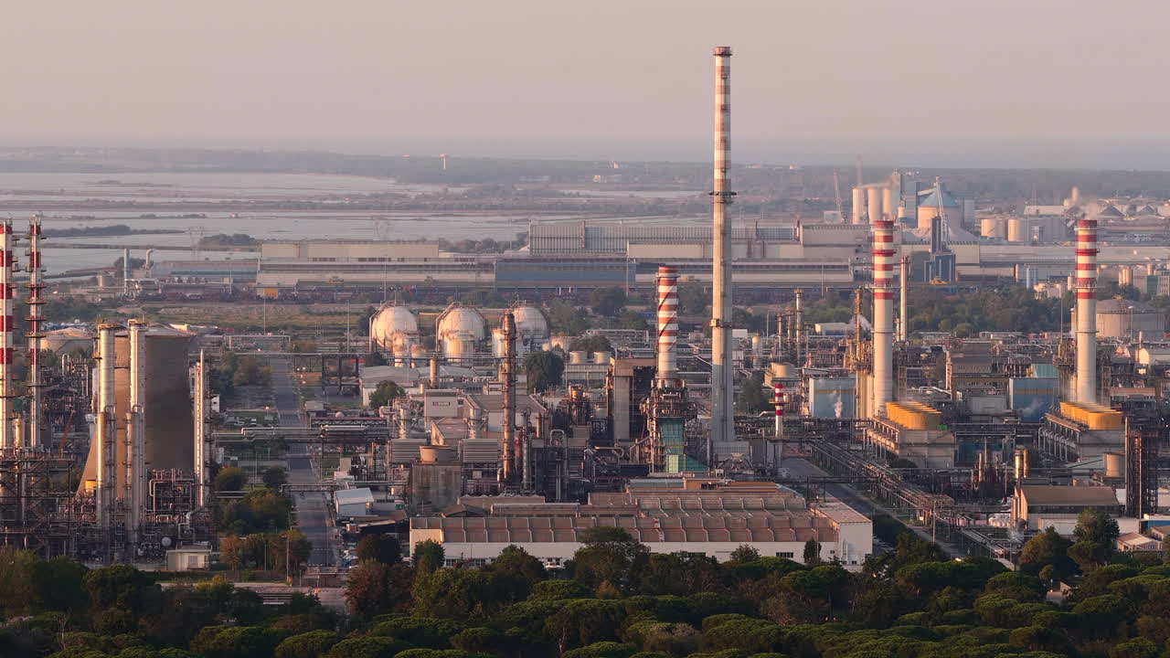 Drone view showcasing its chemical, petrochemical, and port industries, Ravenna, Italy