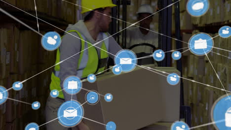 network of logistics icons animation over warehouse workers handling packages