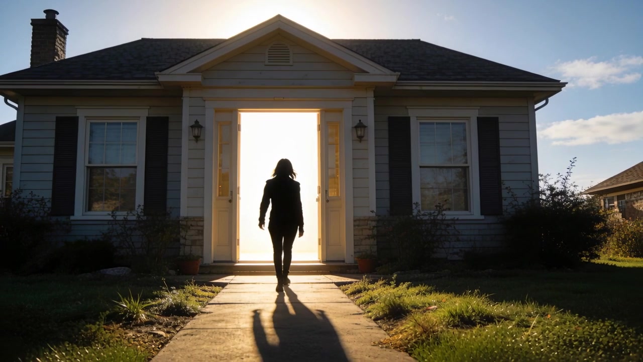 Stepping from door, adult figure leaving house, walking toward camera on path, wearing coat, boots