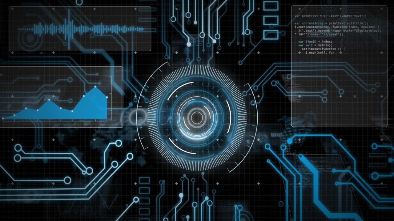 Animation of motherboard and circular scanner processing data on interface with black background