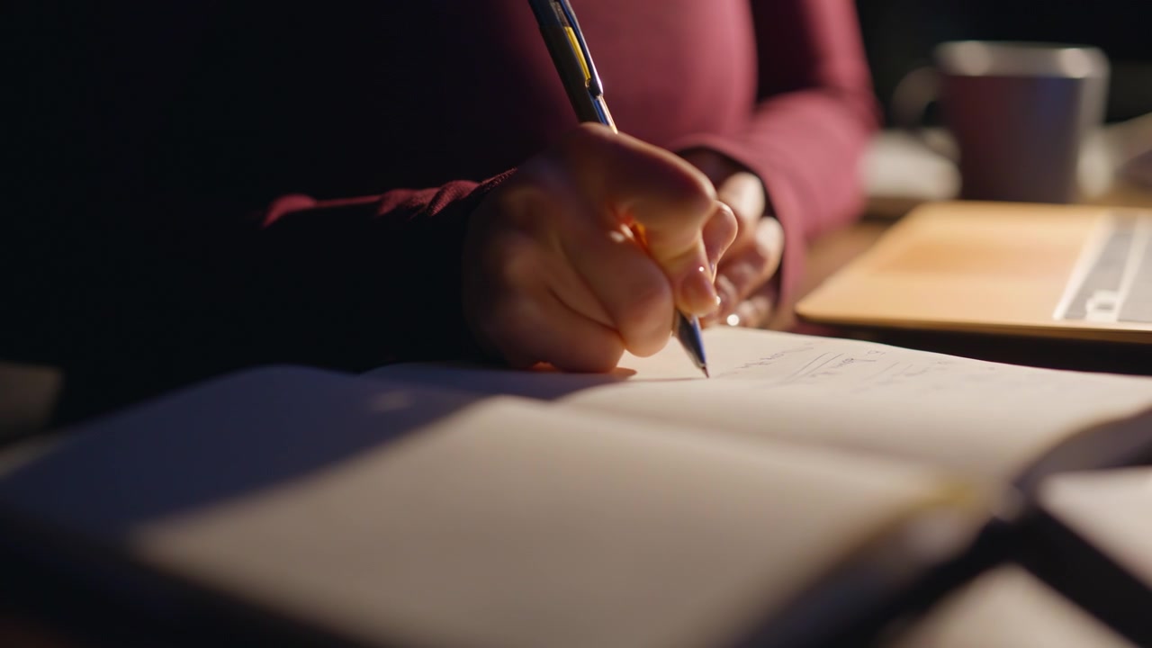 Close-up van vrouwenhanden die 's avonds in een notitieboekje schrijven. Een persoon maakt aantekeningen in een dagboek aan een bureau.