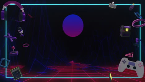 animación de iconos de juegos sobre montañas digitales y sol