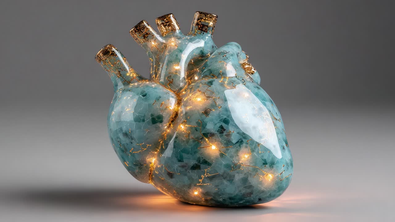 A Stunning Artistic Representation of a Human Heart Sculpted in Beautiful Aqua Crystal with Golden Accents and Warm Light Highlights for Unique Home Decor