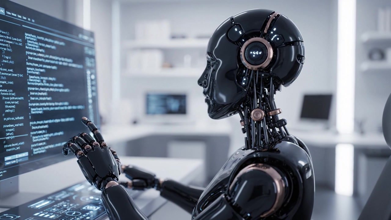 A futuristic robot working diligently on programming tasks at a sleek, modern computer, showcasing advanced artificial intelligence and robotic technology in a tech environment.