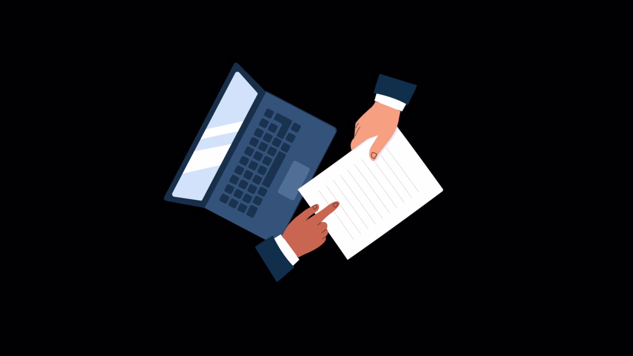 Animated Hands Reviewing Document Next to Laptop