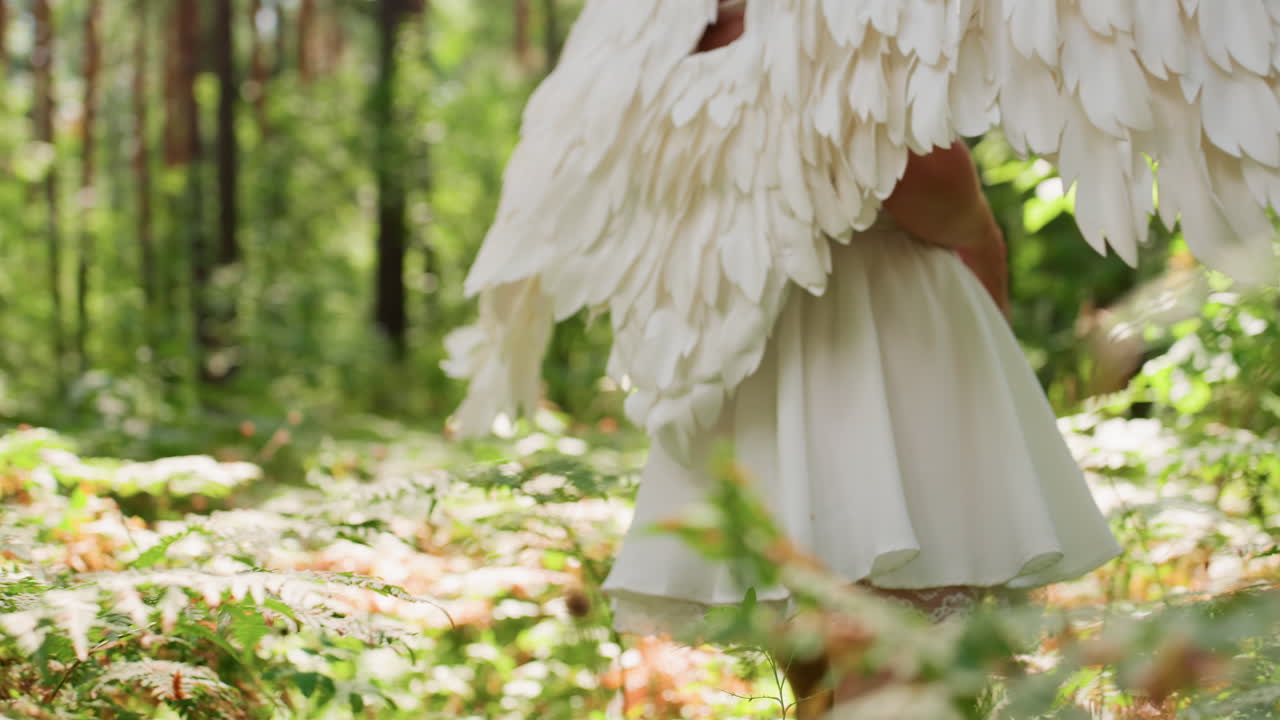 Back view of forest guardian angel in white gown walking slowly through lush green forest, sunlight glimmering on soft feathers as she moves gracefully