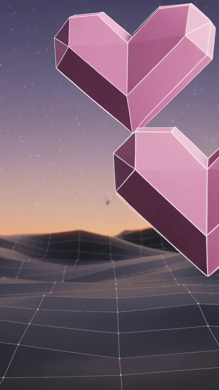 Vídeo vertical: Coração rosa inicial girando e se aproximando ao entardecer com grade de wireframe, criando profundidade.