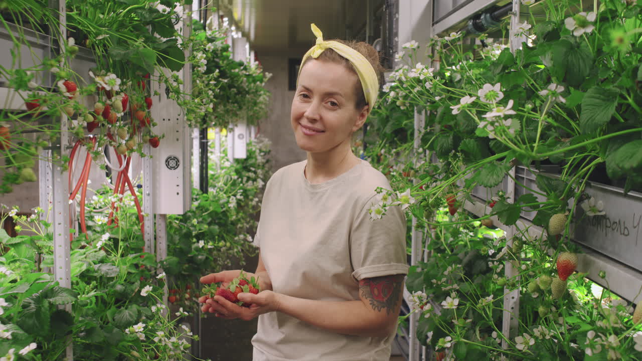 Woman Harvesting Strawberries in Indoor Vertical Farm