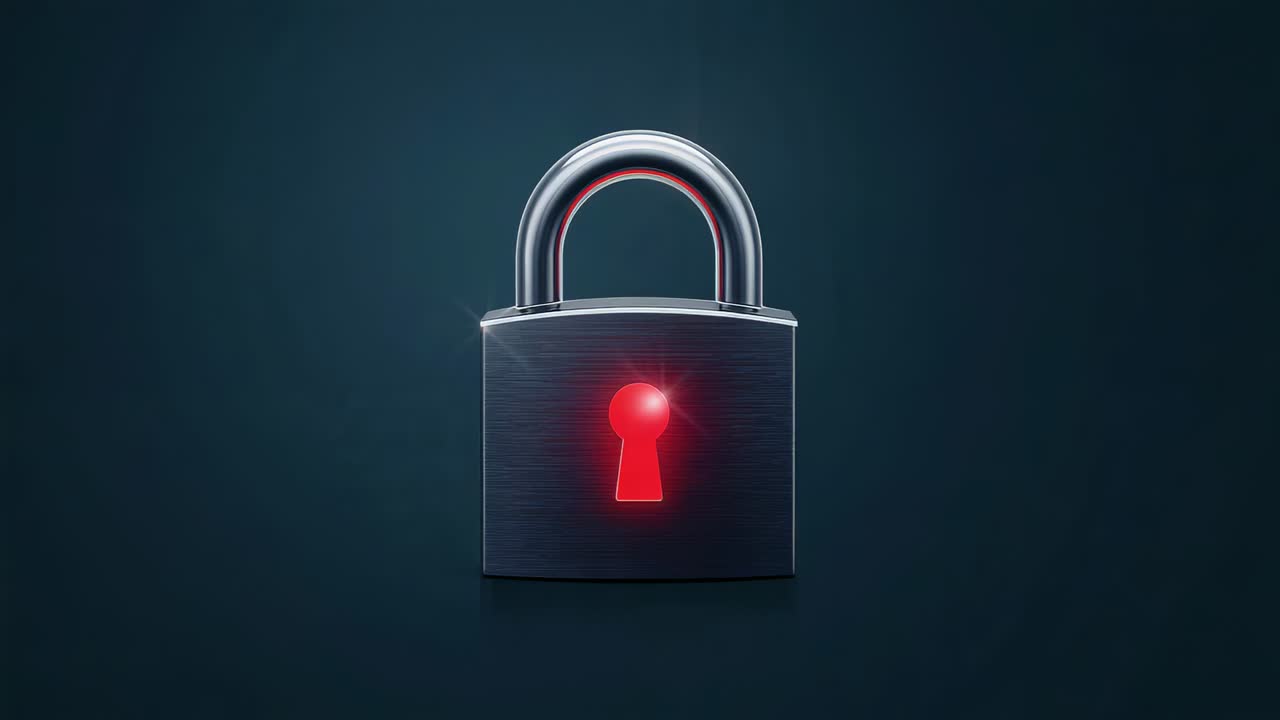Pulsing metal padlock showing red keyhole lighting on dark teal backdrop, indicating activation