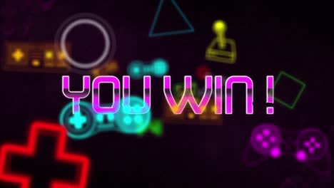 animation of you win text banner over multiple video game controller icons against black background