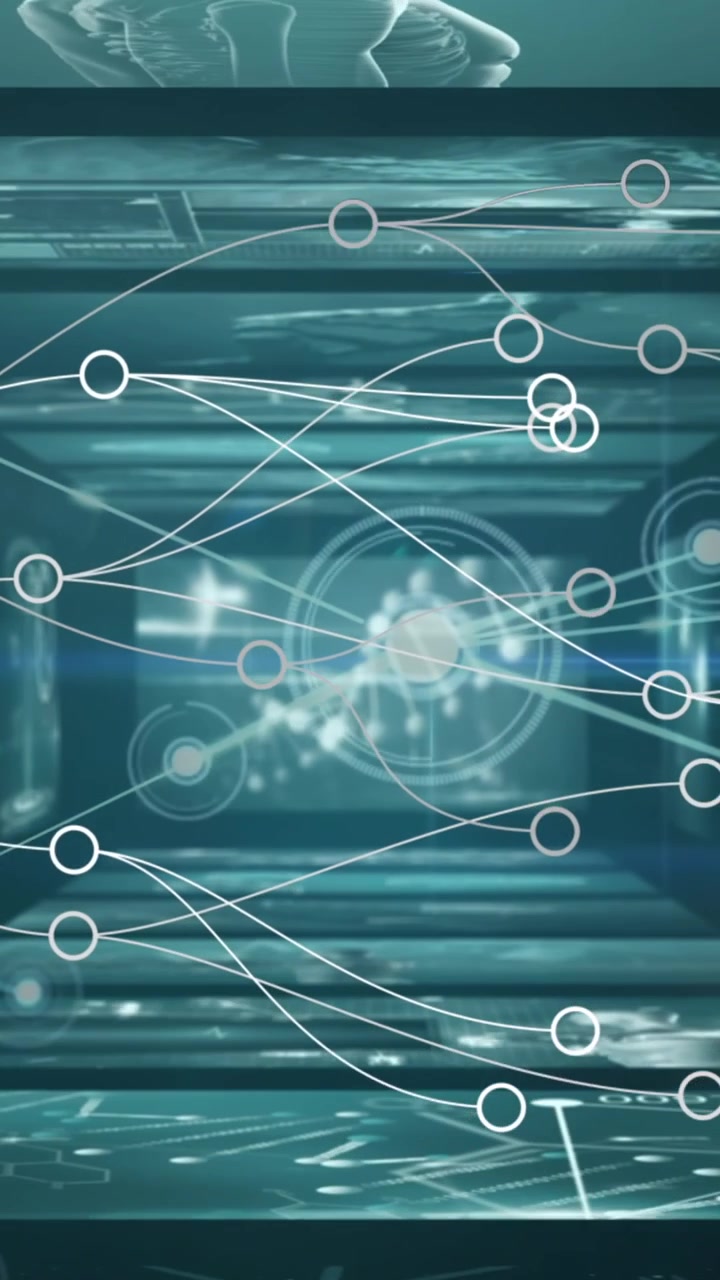 Animation of network of connections, data processing over screens
