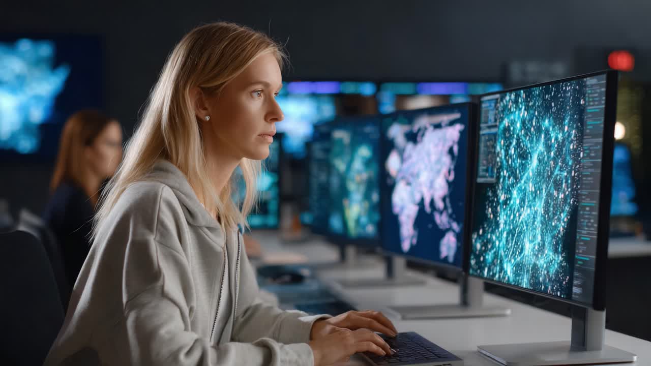 Focused Individual Analyzing Data on Multiple Computer Monitors in a High-Tech Environment, Highlighting Digital Connections and Information Flow