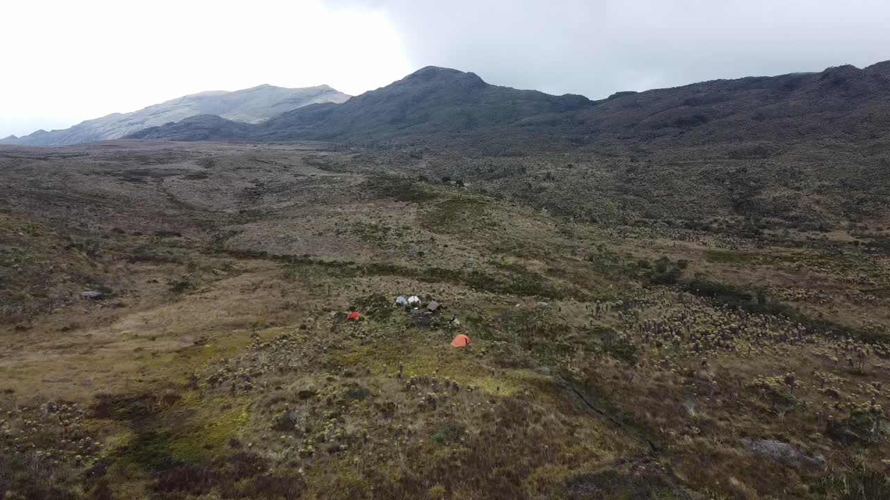 Aerial view of a campsite on the plateau of P&aacute;ramo del Sol in the northern Andes in Colombia