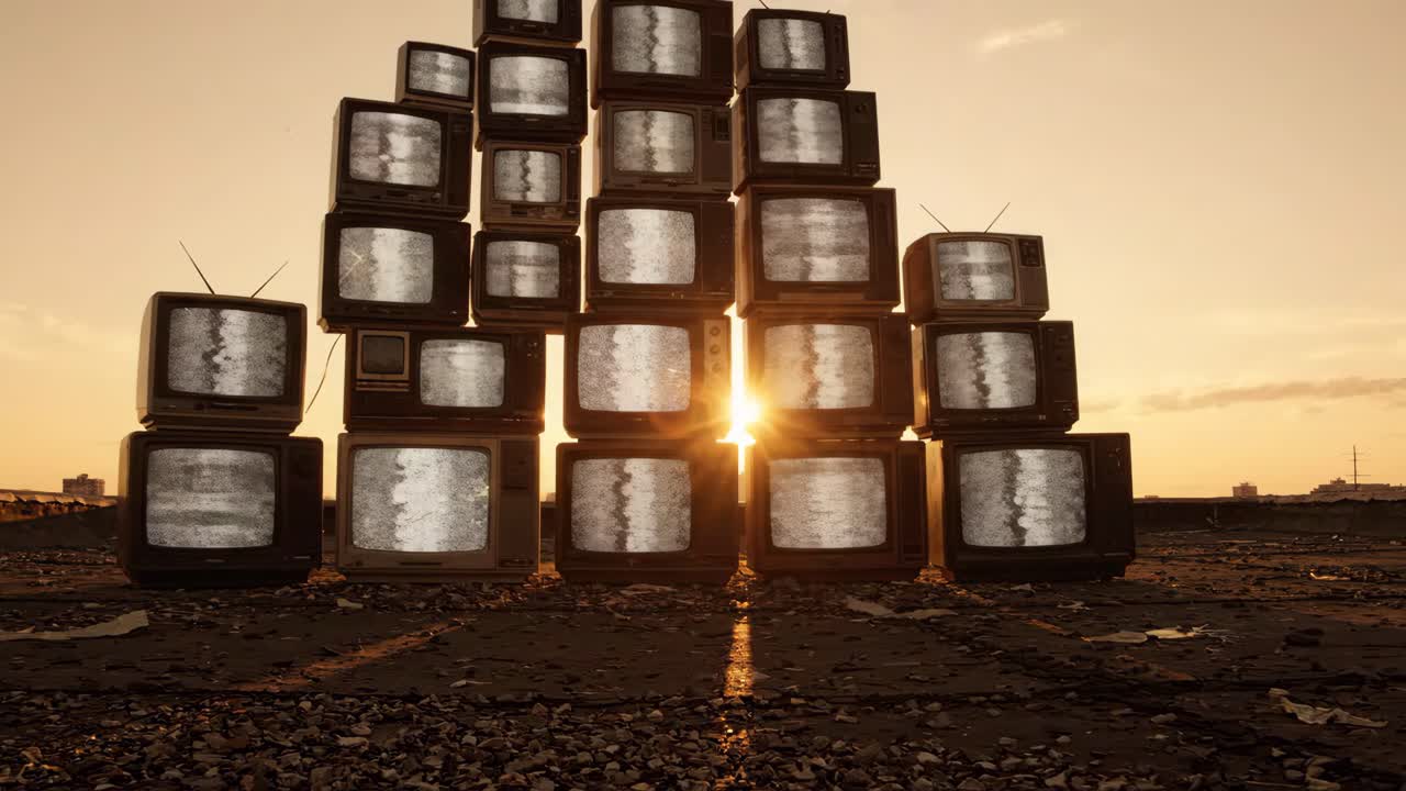 Pyramide aus alten Fernsehern mit flimmerndem Rauschen bei goldenem Sonnenuntergang