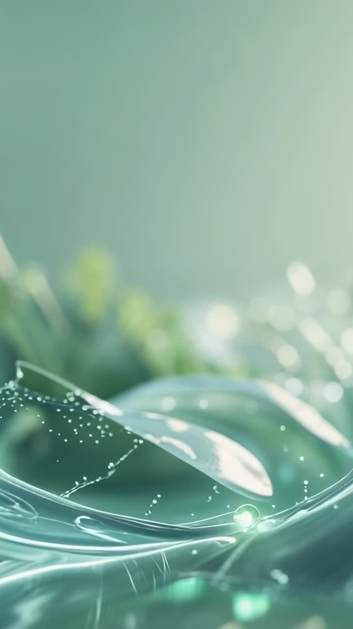 Vertical video: Emerging drop rolling right on clear curved membrane trailing green-lit particles