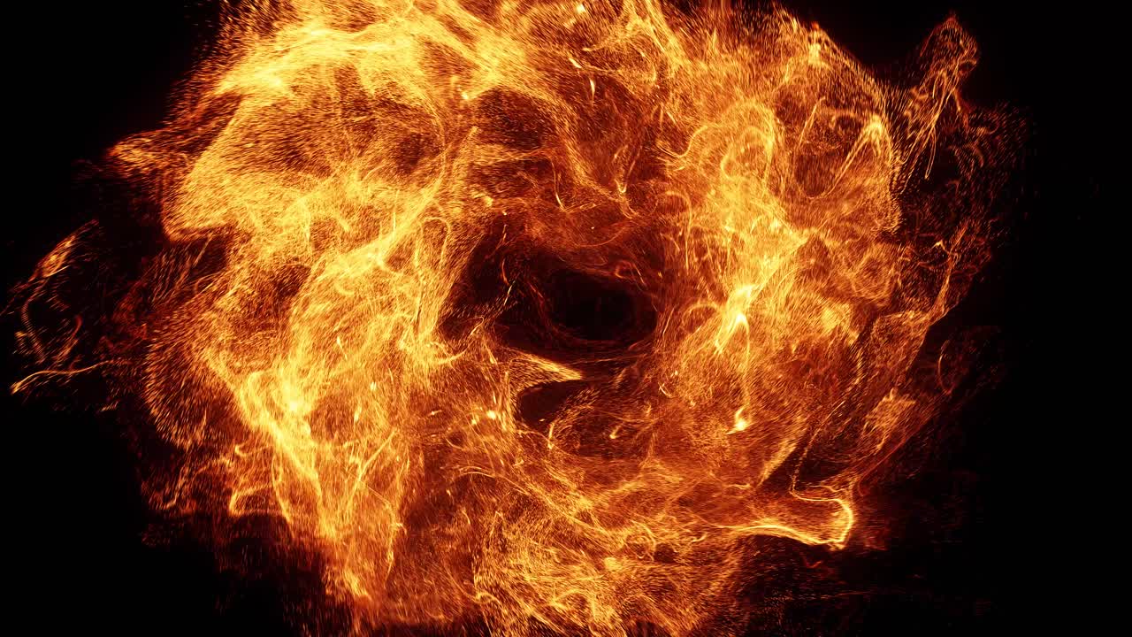 Dynamic Swirling Fiery Particles Expanding on Black Background