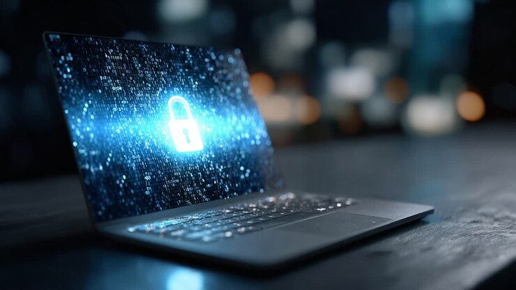Enhancing Digital Security: A Futuristic View of a Laptop Displaying a Lock Symbol Embodied in a Matrix of Binary Code in a Modern Workspace Setting