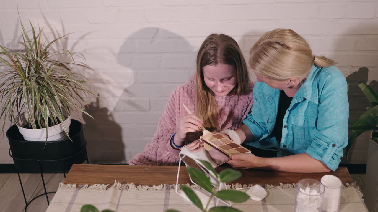 Mother and Daughter Learning Makeup