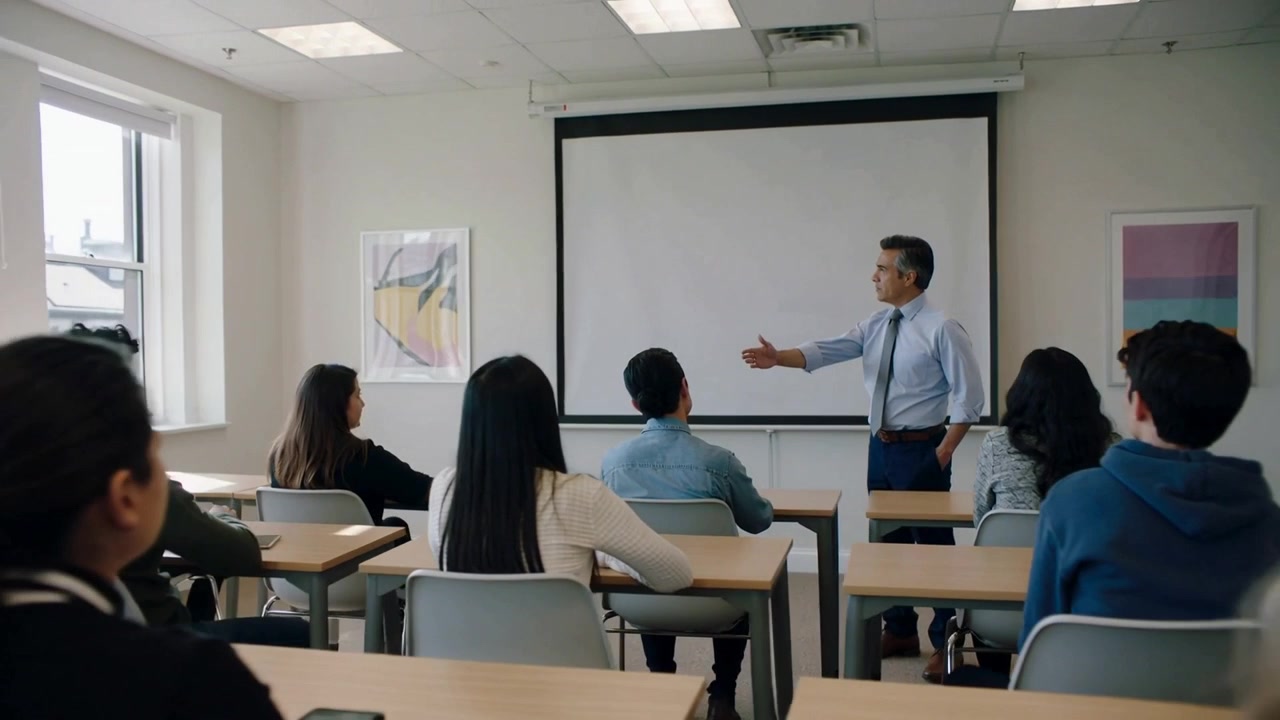 Insegnante in camicia e cravatta che indica la parete destra alla classe, con studenti che si girano verso lo schermo e il telefono
