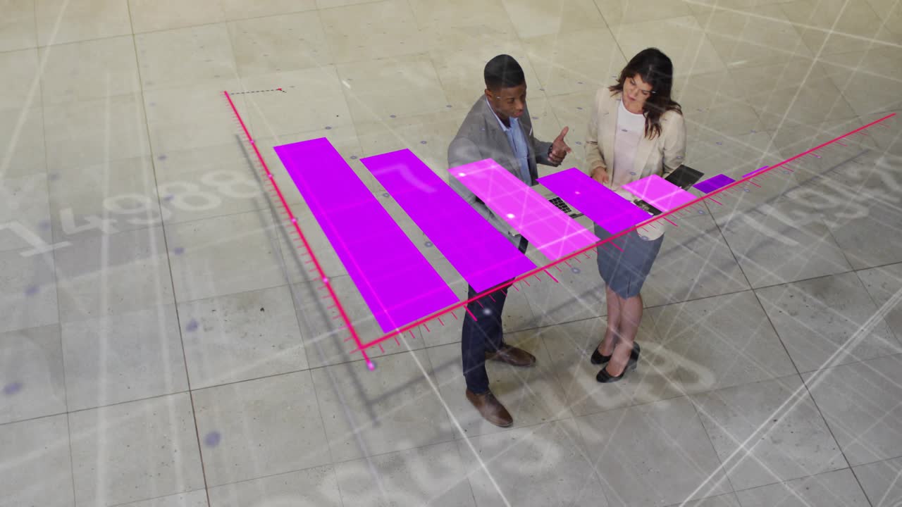 Man with laptop woman with tablet reviewing business data as magenta holo bars rising, retracting