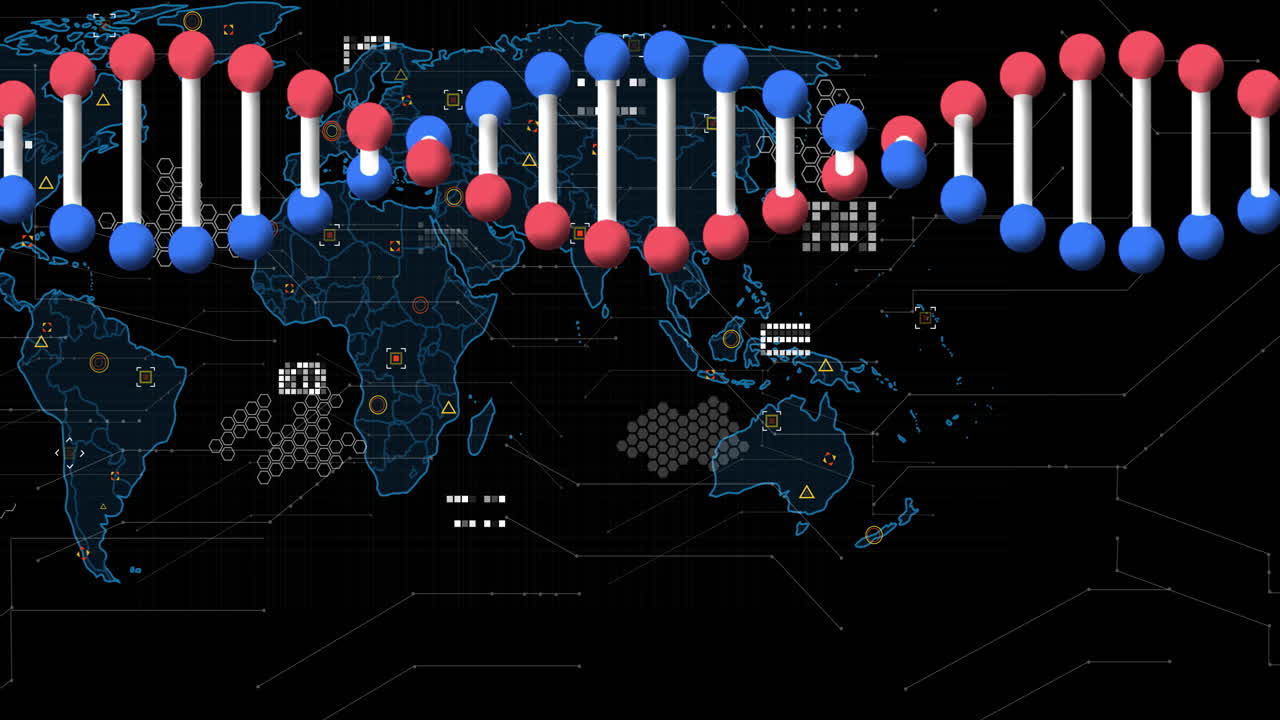 데이터 포인트 및 연결과 함께 세계 지도에 대한 dna 스트랜드 애니메이션