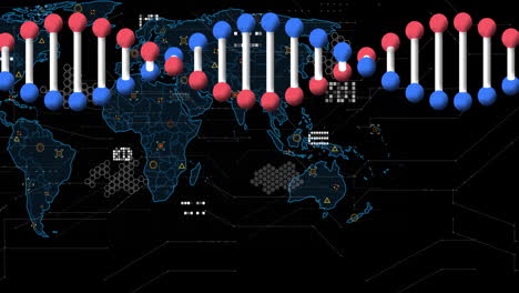 DNA-Strang-Animation-über-Weltkarte-Mit-Datenpunkten-Und-Verbindungen