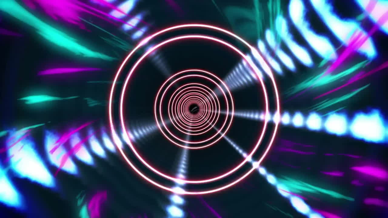 Animation of glowing trails of light and neon tunnel moving on black background