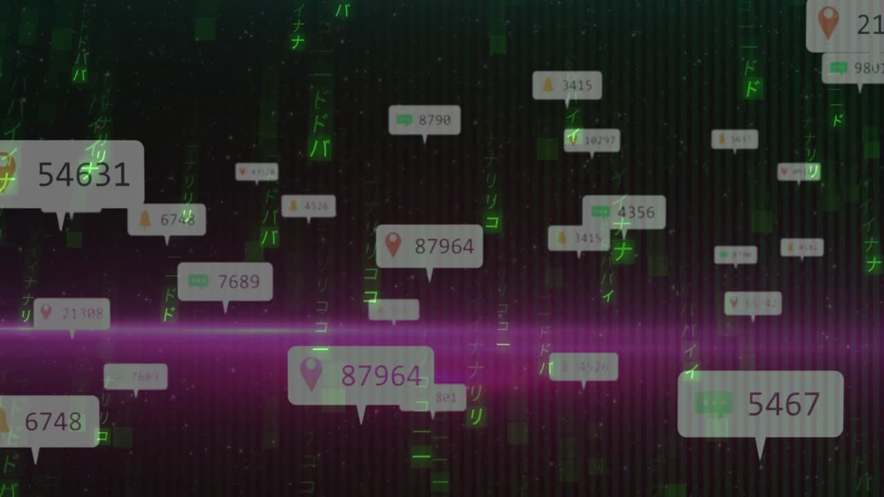 At start data labels drifting amid cascading green code while magenta beam scanning updating view