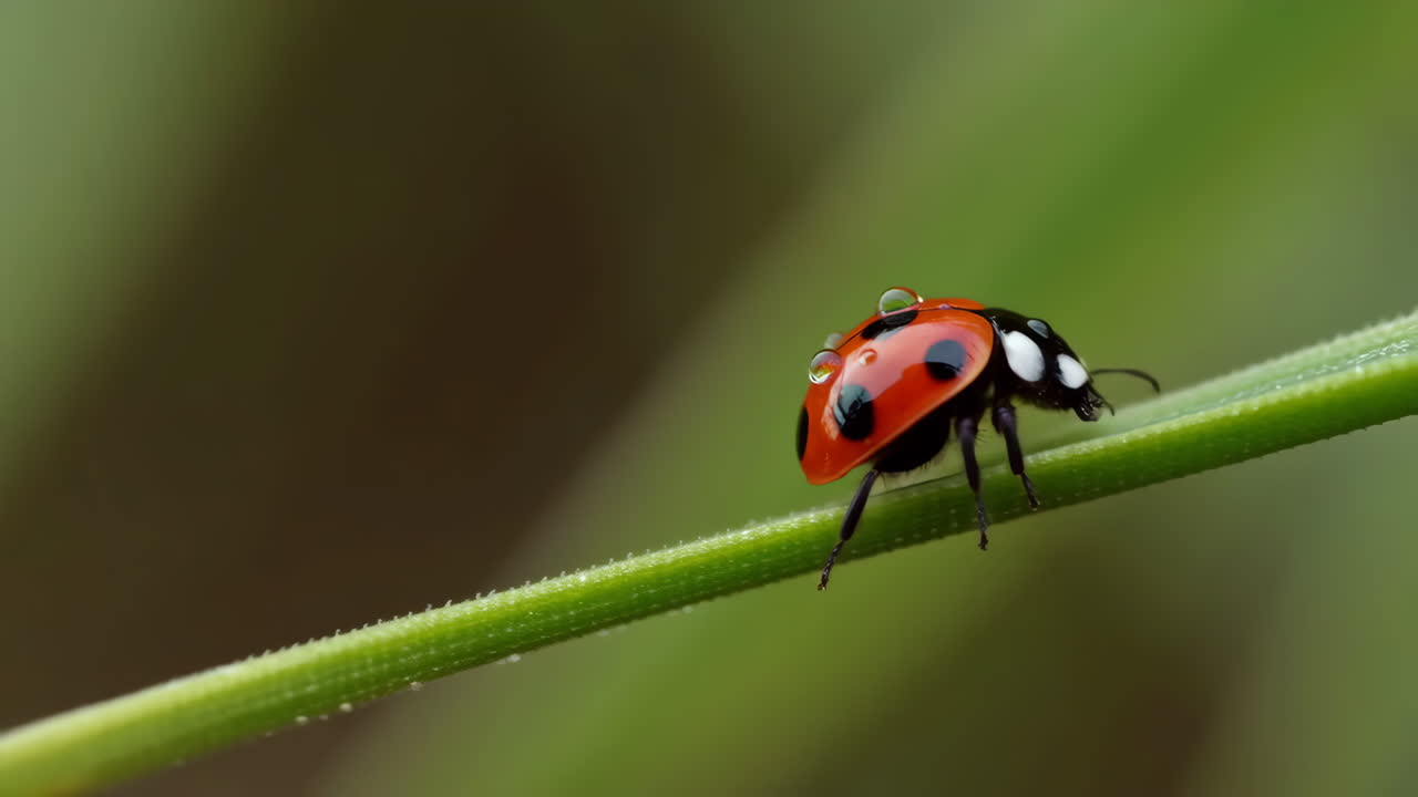 Close-up of a Ladybug with Water Droplets on a Green Stem