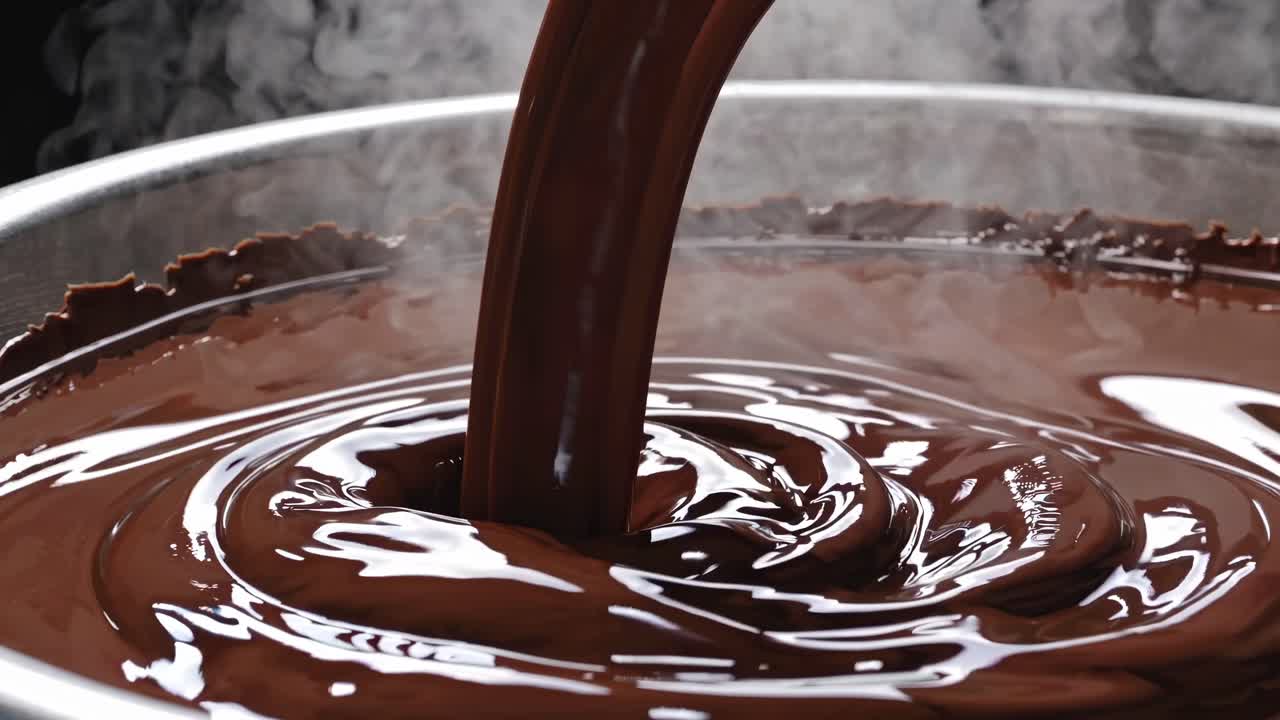 Close-up video shot of rich, melted chocolate being poured into a bowl, capturing the smooth, glossy