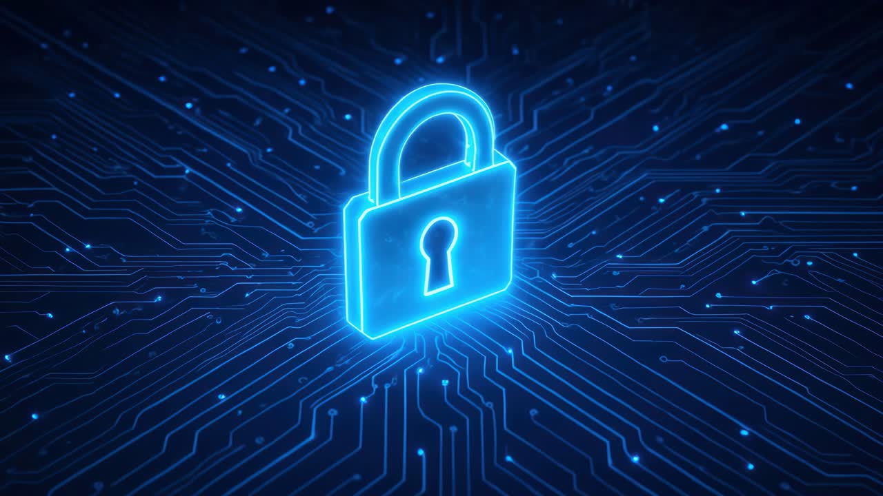 Futuristic video concept of cybersecurity with a glowing lock icon overlaid on a digital circuit