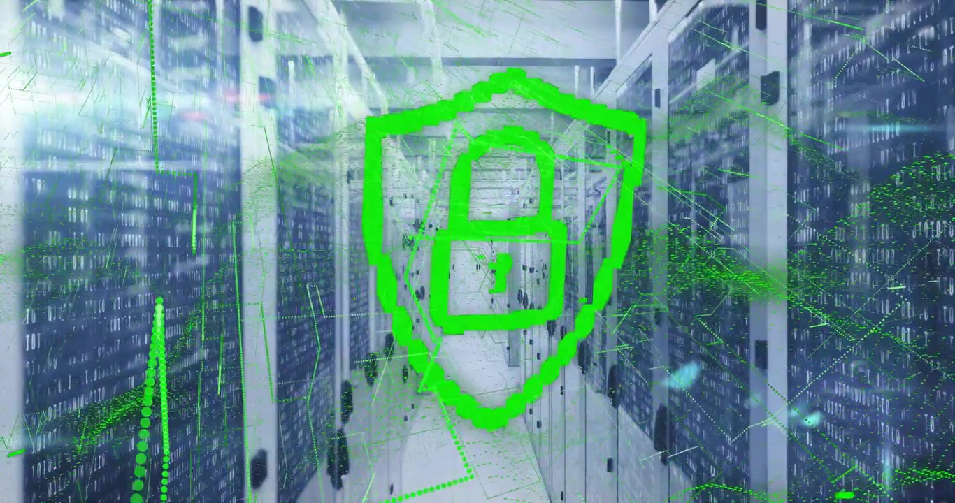 Displaying green shield and padlock moving through data center with server racks and binary code