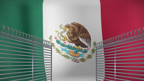 mexican flag with eagle and snake animation over metal fence