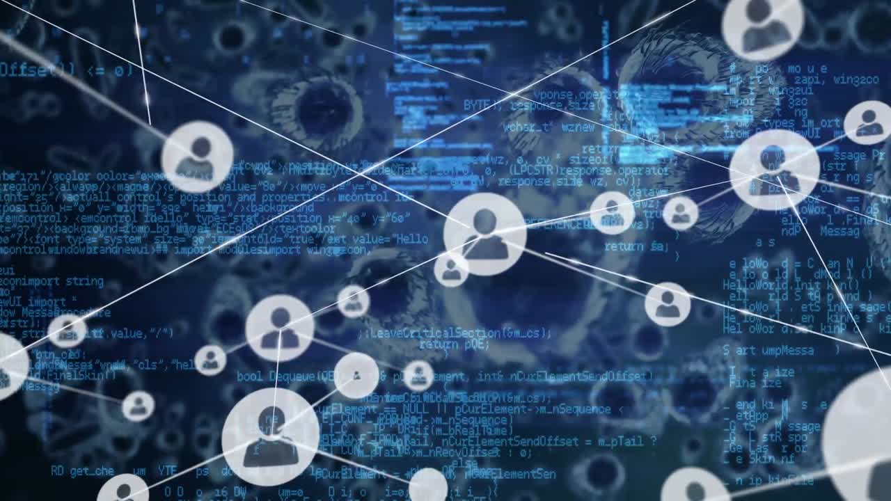 Network of profile icons and data processing against multiple covid-19 cells on blue background