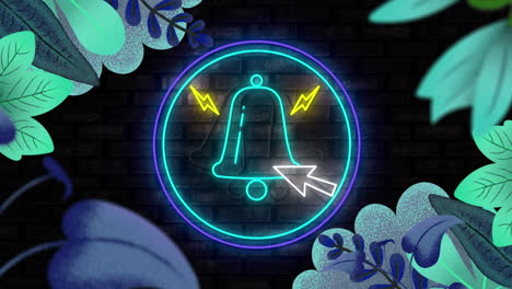 animation of neon circle with bell icon over black background with leaves