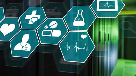 animation of medical icons and data processing over computer servers