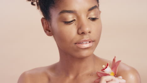flor, rostro y belleza con una mujer negra modelo