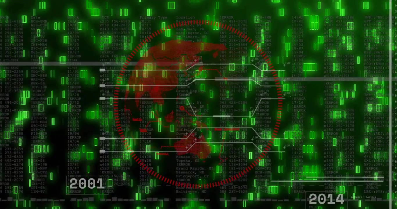 Neon-green glyphs cascading initiating red globe pulsing connecting year markers for data mapping