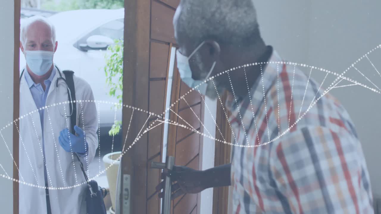 Animation d'un brin d'ADN sur un homme afro-américain âgé ouvrant la porte à un médecin homme caucasien