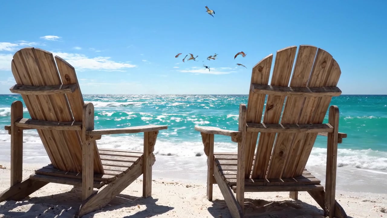 Entspannende Strandstühle mit Blick auf eine ruhige Meereslandschaft mit kristallklarem Wasser und sanften Wellen unter einem strahlend blauen Himmel.