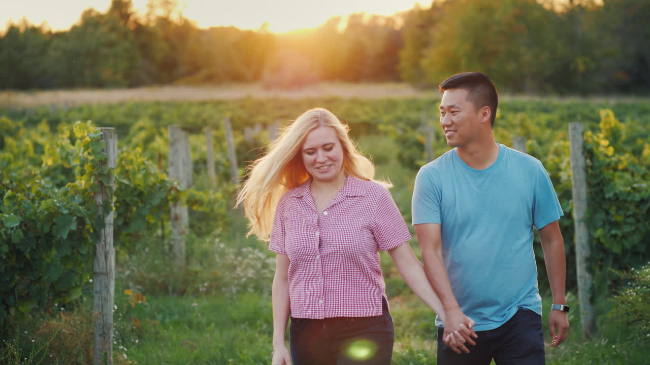포도원 와인 시음 및 관광 개념 4k 비디오에서 걷는 행복한 다민족 커플