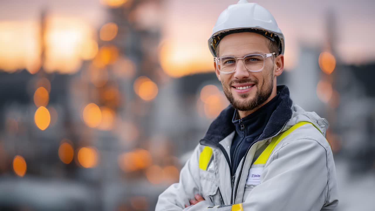 Operaio industriale sicuro di sé che posa con dispositivi di sicurezza sullo sfondo urbano sfocato durante il tramonto, mostrando professionalità ed entusiasmo sul posto di lavoro