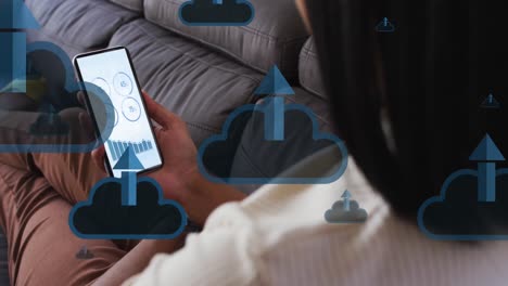 Animation-of-clouds-with-arrow-and-data-processing-over-woman-using-smartphone