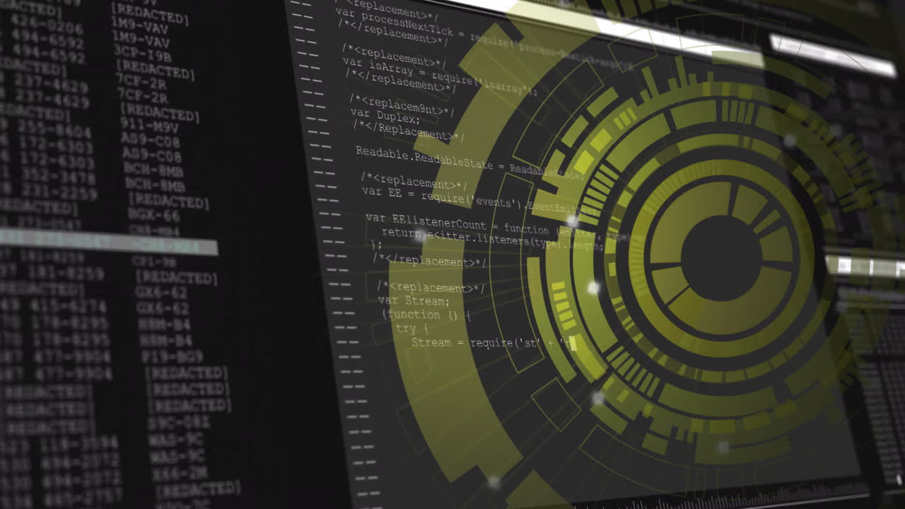 Animation of futuristic circular interface with digital code on computer screen
