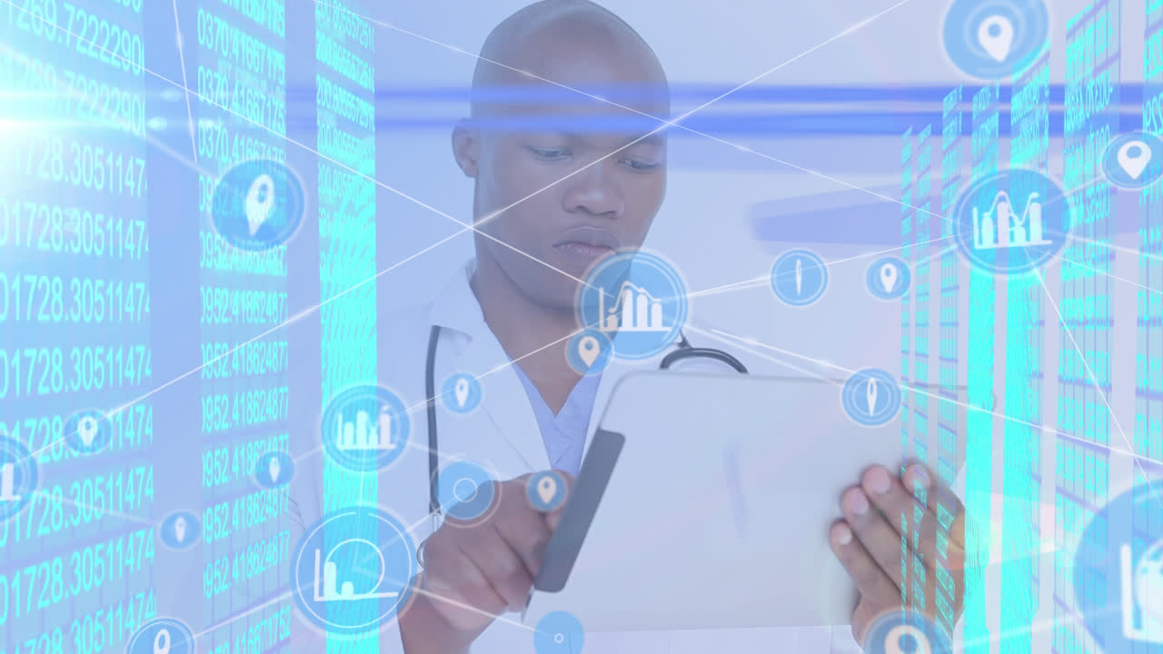 gps y iconos de gráficos que se conectan con líneas, binarios y huellas dactilares sobre el médico usando pc digital