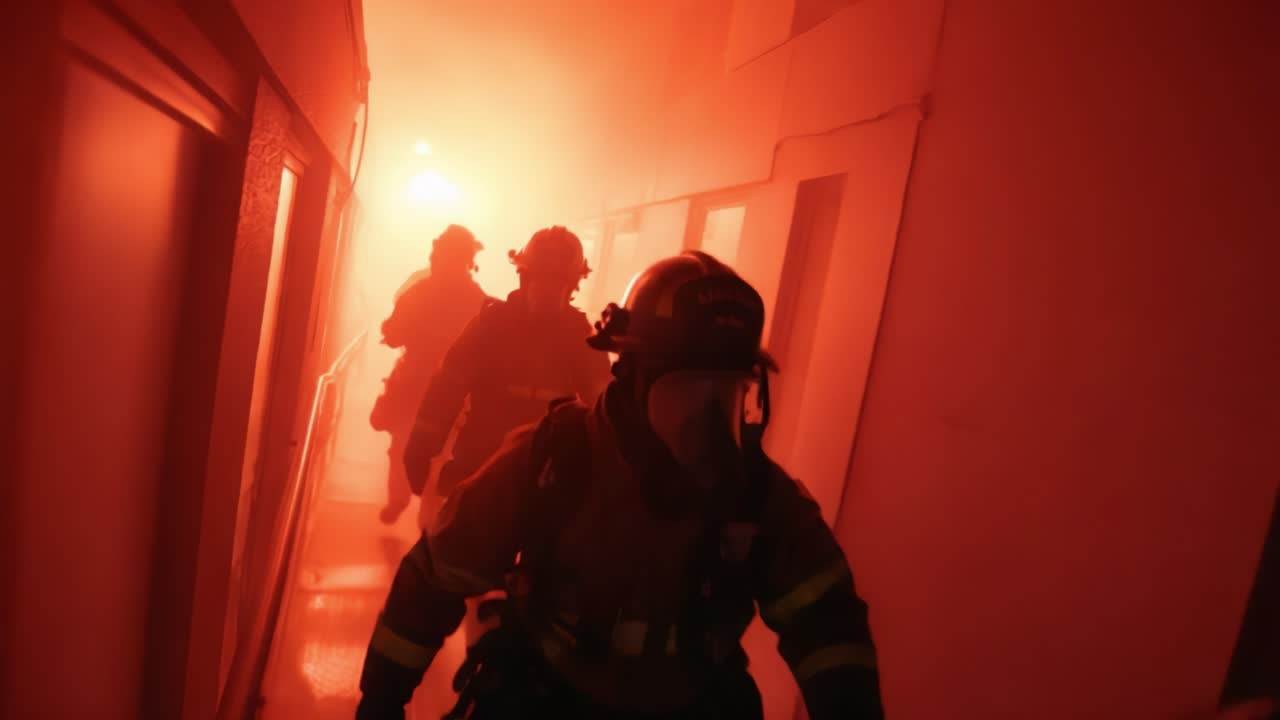 A Dramatic Scene of Firefighters Braving the Blaze in a Smoke-Filled Environment, Demonstrating Their Courage and Professionalism While Battling Flames and Rescuing Lives in Critical Situations