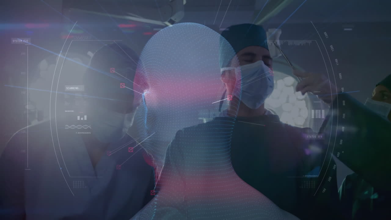 surgical team examining holographic head scan in operating room, with floating data overlays